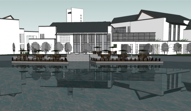 SketchUp Business Model: Huizhou-Style Sales Office, Clubhouse, New Chinese Design, Waterfront Vacation Center, and Commercial Building
