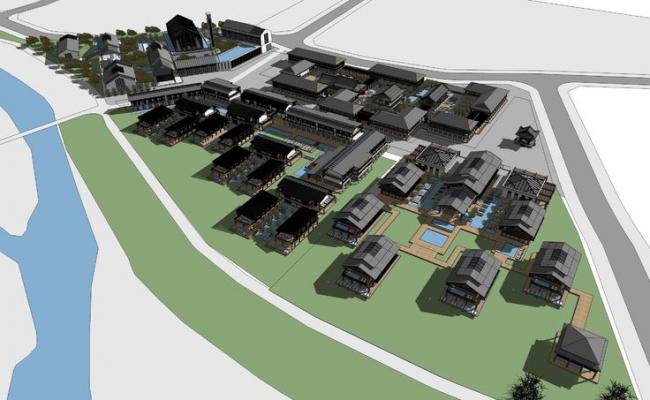 SketchUp Model: Multi-Story Antique Hot Spring Club Hotel in Modern Chinese Style