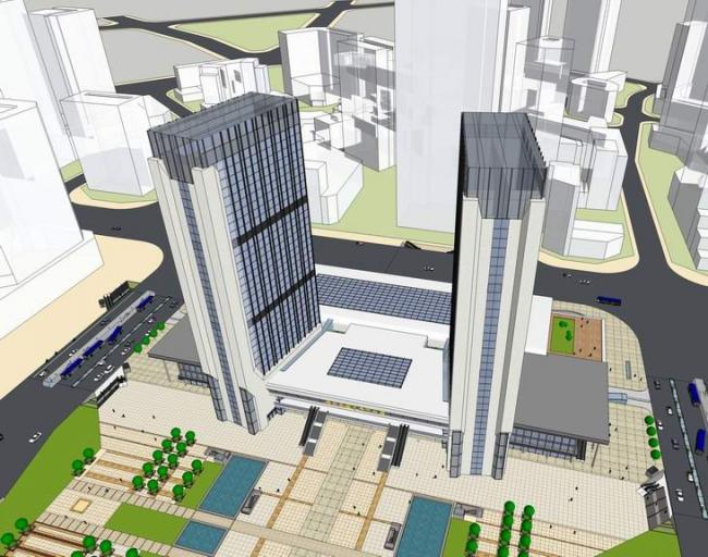 Modern Multi-Story Transportation Hub: High-Rise Bus and Railway Station with Office Spaces