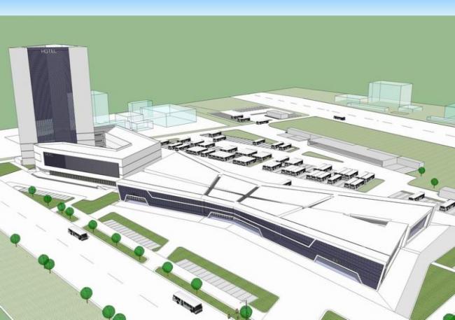 SketchUp Design: Multi-Story Transit Hub with High-Rise Offices in Modern Architectural Style
