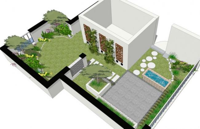 SketchUp Landscape Model Featuring a Traditional Chinese Roof Garden