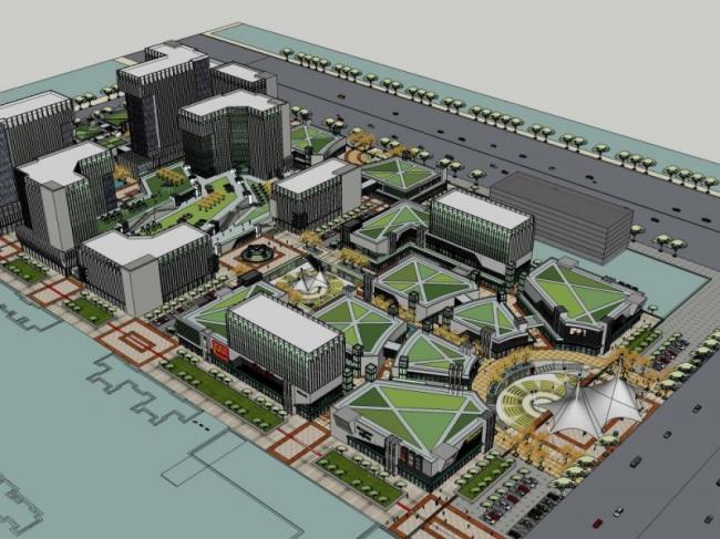 SketchUp Business Model: Multi-Story Mixed-Use High-Rise with Commercial Streets and Modern Office Spaces