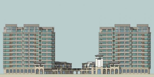 SketchUp Model of a Neoclassical High-Rise Residential Community with Street-Level Commercial Spaces