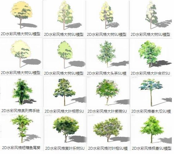 SketchUp Materials: 2D Watercolor Trees, Landscape Plants, and Modern Style Components