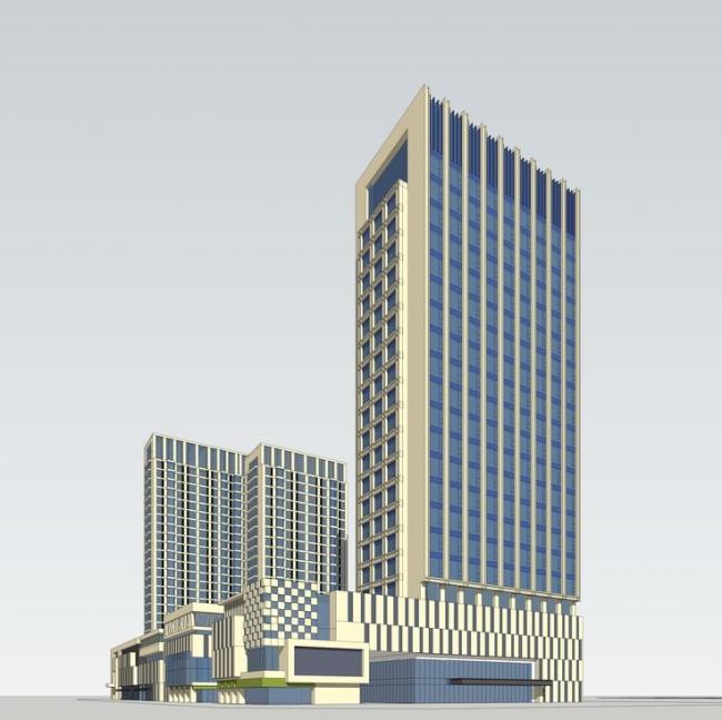 SketchUp Complex Model: Modern High-Rise Hotel and Commercial Building