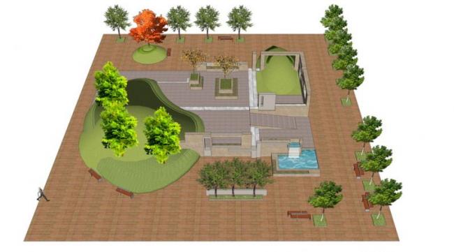 SketchUp Material Model: Modern Square Landscape with Tree Pool, Seating, and Low Walls