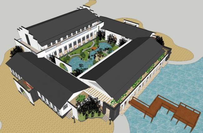 Multi-Story Huizhou-Style Hotel Model with Enclosed Corridors and Courtyards in SketchUp