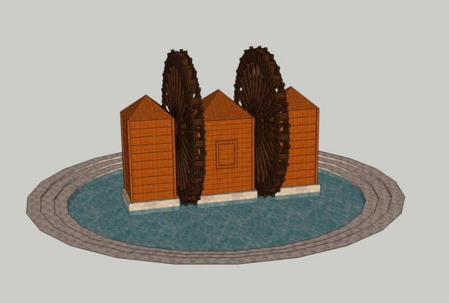 Waterwheel Waterscape Sketch with SketchUp Landscape Materials