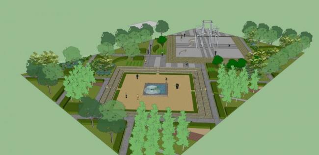Modern SketchUp Landscape Model Featuring Square Layout, Water Features, Sculptures, and Leisure Facilities