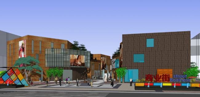 SketchUp Business Model: Multi-Story Commercial Pedestrian Street with Island and Modern Styles