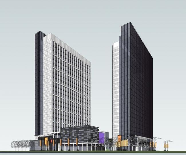 SketchUp Complex Model: Modern High-Rise Commercial Plaza with Office Towers and Ground-Level Retail