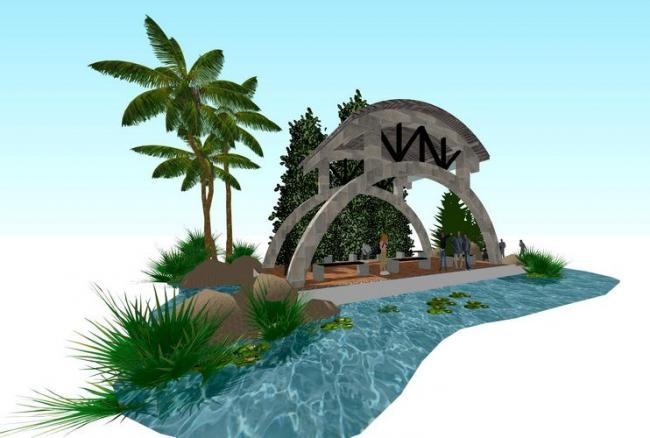 SketchUp Model: Landscape Pavilion Design with Surrounding Layout, Components, and Materials