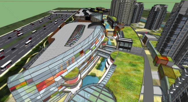 SketchUp Complex Model: Multi-Story Mixed-Use Commercial and Residential High-Rise with Modern Shopping Center