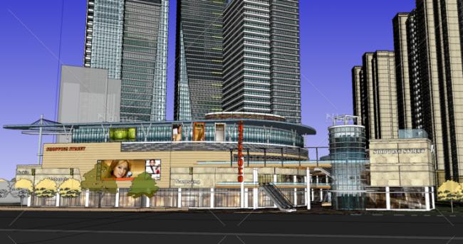 SketchUp Complex Model: Modern Super High-Rise Commercial Center with Shopping Mall, Apartments, Hotel, and Offices