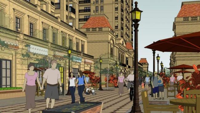 SketchUp Residential Model: Simplified European-Style Commercial Street with French High-Rise and Ground-Floor Classic Residential Buildings