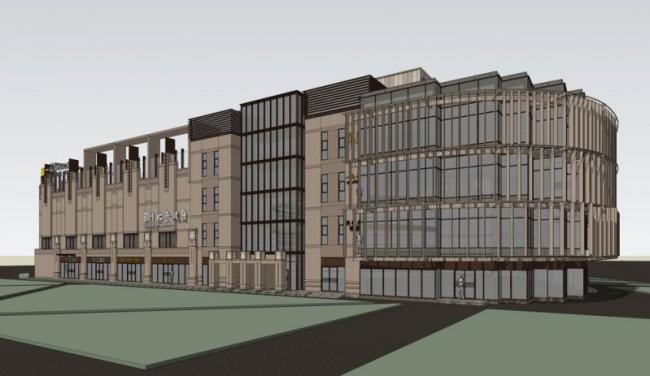 SketchUp Business Model: Multi-Story Neoclassical Commercial Building and Street Design
