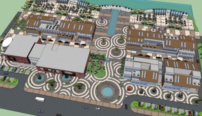 SketchUp Business Model: Multi-Story Commercial Street with Modern Cinema Design