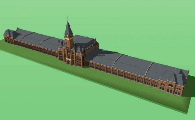 Sketchu Industrial Building: Multi-Story Factory Featuring Classical Victorian Architecture