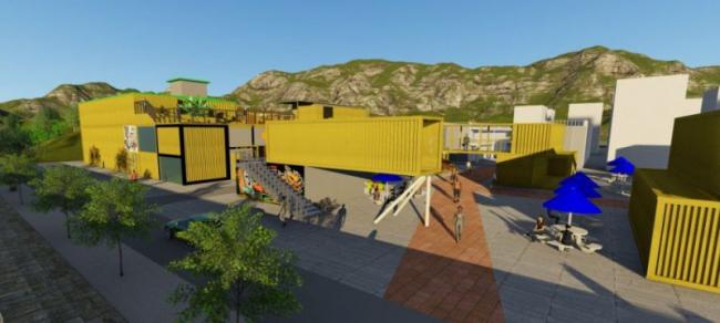SketchUp Business Model: Multi-Story Modern Commercial Building with Containers