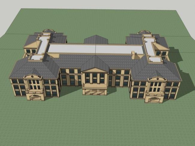 SketchUp Business Model: Multi-Story French Classical Style Clubhouse and Commercial Building