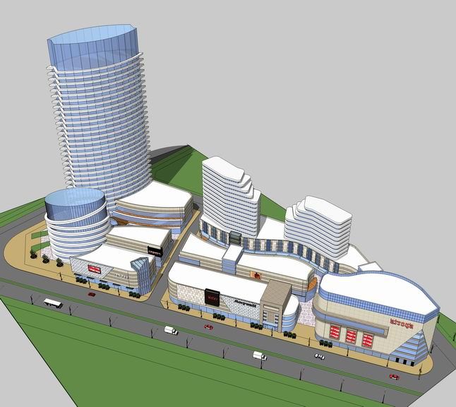 SketchUp Complex Model: Modern High-Rise Office, Commercial Street, and Multi-Story Mixed-Use Building