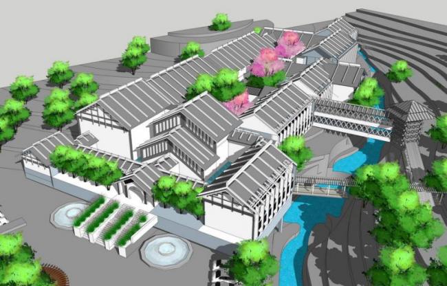 SketchUp Multi-Story Mountain Hotel Model in Traditional Chinese Style