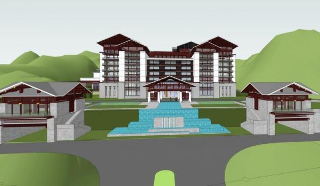 SketchUp Hotel Model: Holy Land Jiuzhaigou – Multi-Story Hotel Featuring New Chinese and Tibetan Styles