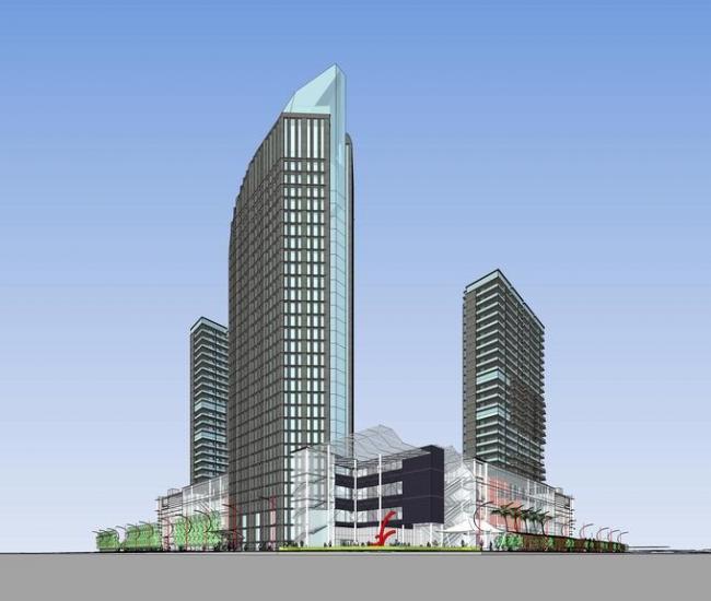 SketchUp Complex Model: Multi-Story High-Rise Mixed-Use Commercial and Office Building in Modern Style