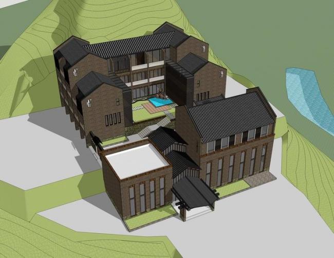 SketchUp Business Model: Multi-Story Mountain Club and Commercial Building in Modern Chinese Style