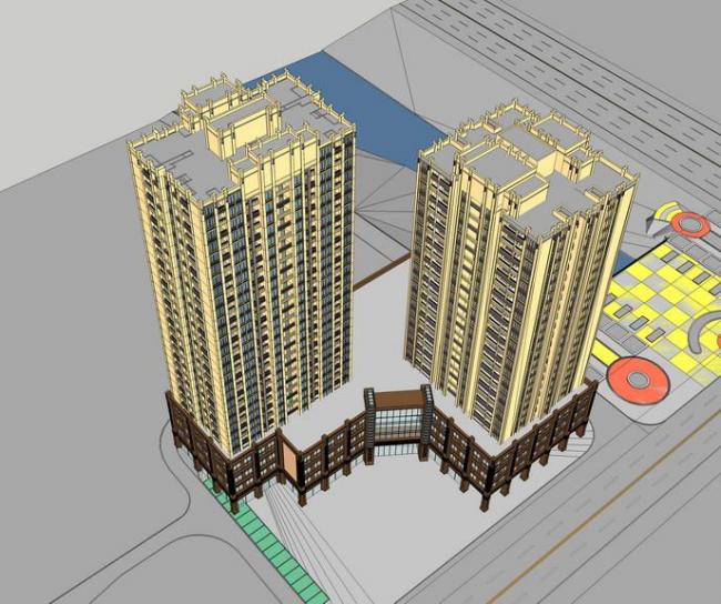 SketchUp Residential Model: High-Rise Living with Art Deco and Classical Styles Featuring Ground-Floor Commercial Space