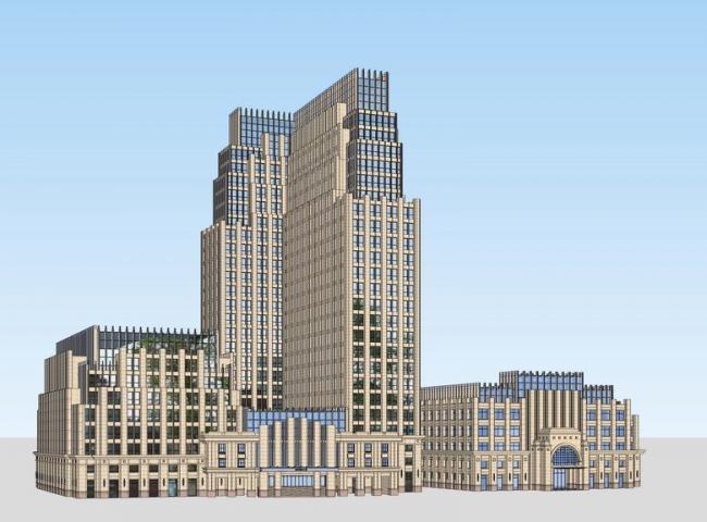 SketchUp Model of a Multi-Story Neoclassical High-Rise Office Building