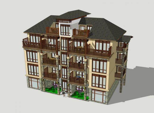 SketchUp Residential Model: Multi-Story Southeast Asian Style Villa and Apartment Building