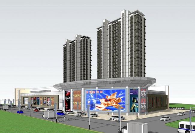 SketchUp Complex Model: Multi-Story High-Rise Mixed-Use Development with Modern Residential and Ground-Level Commercial Spaces