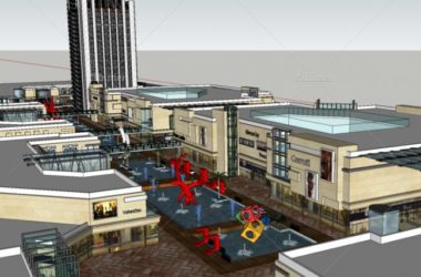 SketchUp Complex Model: Multi-Story Mixed-Use Development with Commercial Streets, Water Features, and Modern High-Rise Apartments-BIM WORLD