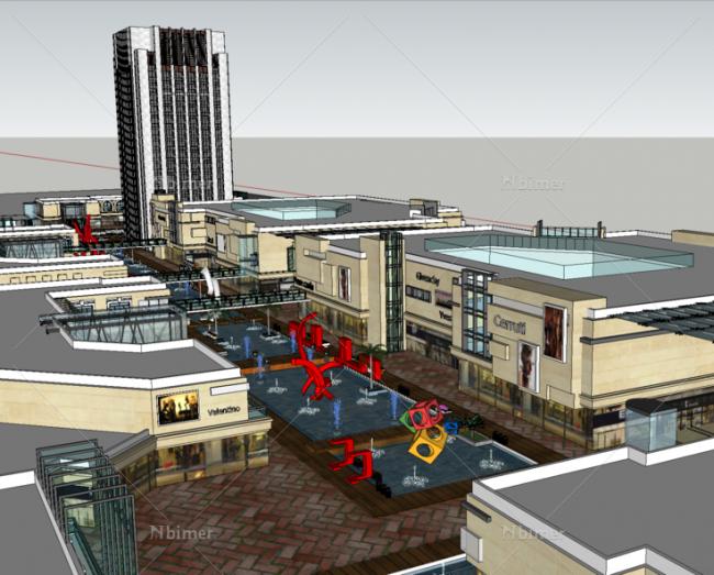SketchUp Complex Model: Multi-Story Mixed-Use Development with Commercial Streets, Water Features, and Modern High-Rise Apartments