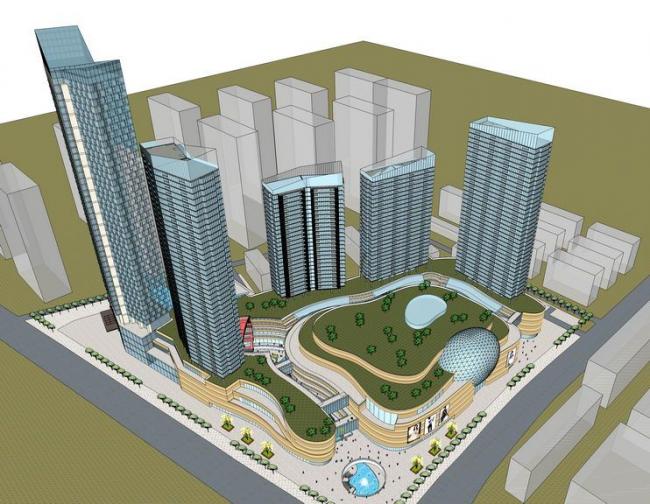 SketchUp Complex Model: Modern Multi-Story Mixed-Use Commercial Building with Offices and Hotel