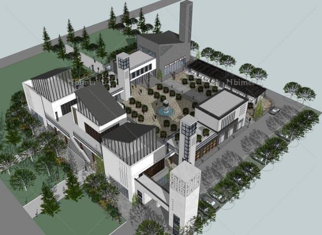 SketchUp Business Model: Multi-Story Food and Pedestrian Street Featuring New Chinese Style