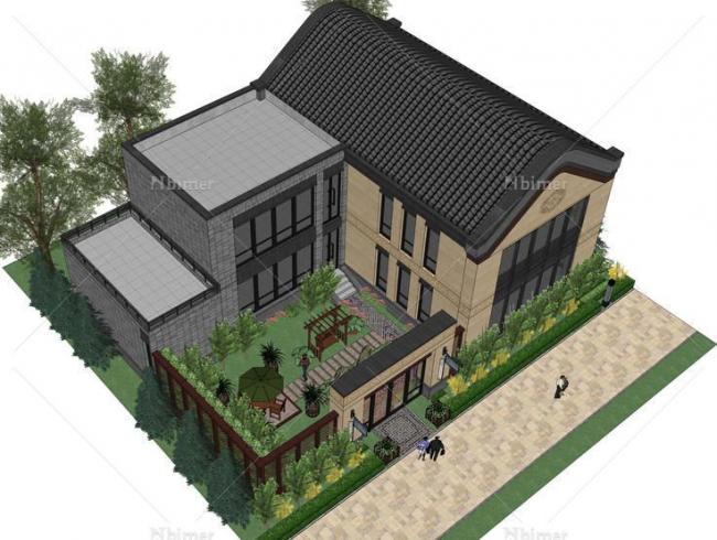 SketchUp Business Model: Multi-Story Commercial Street with Waterfront and Traditional Chinese Architecture