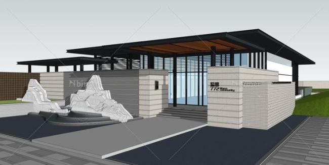 SketchUp Business Model: Multi-Story Commercial Sales Office with Courtyard in Modern Chinese Style
