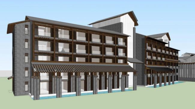 Multi-Story Hot Spring Hotel SketchUp Model in Contemporary Chinese Style