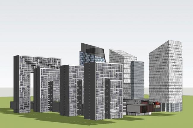 Modern Multi-Story Mixed-Use Complex with Commercial Spaces and High-Rise Offices in SketchUp