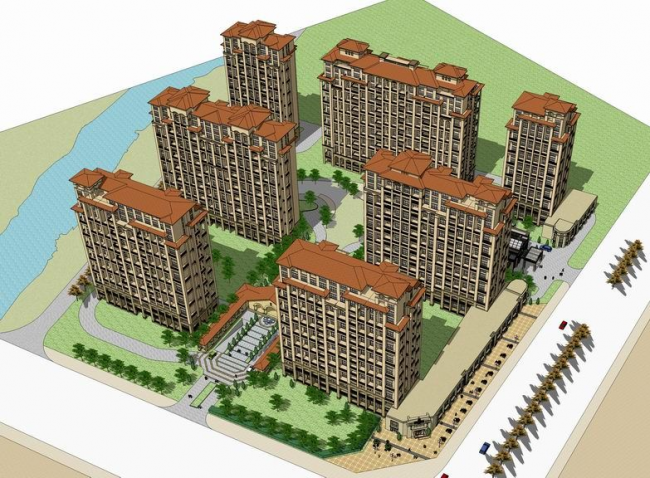 SketchUp Model of a High-Rise Residential Community with Ground-Floor Commercial Space in Spanish Classical Style