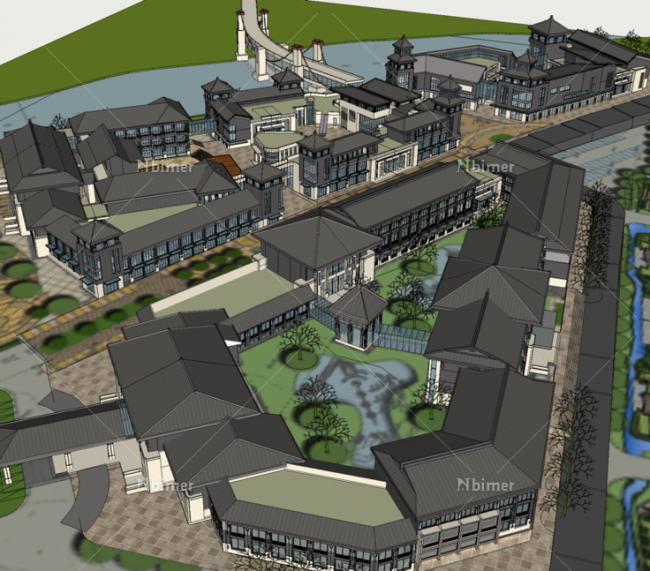 SketchUp Model of a Multi-Story Resort Hotel in Modern Chinese Style