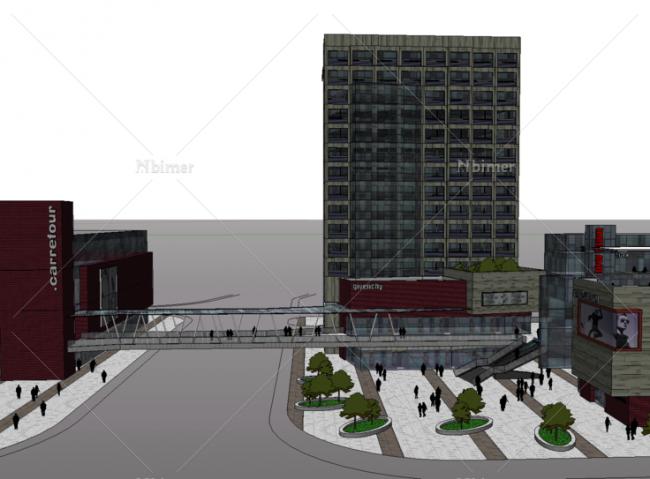 SketchUp Complex Model: Multi-Story High-Rise Mixed-Use Development with Commercial Pedestrian Street in Modern Style