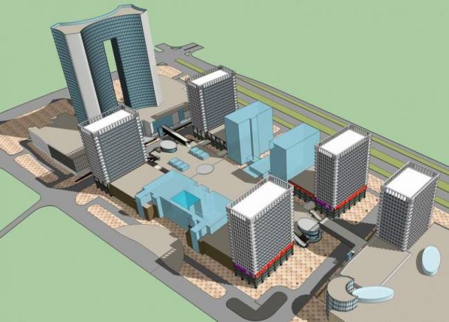 SketchUp Complex Model: Multi-Story Mixed-Use Office Building with Commercial Street and Modern Pedestrian Bridge