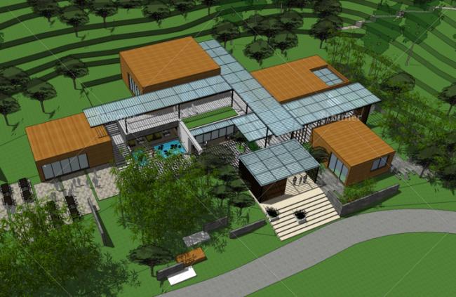 SketchUp Business Model: Modern Multi-Story Mountain Club with Flat Roof