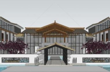 SketchUp Business Model: Multi-Story Commercial Club with Modern Chinese Style and Scenic Water Features-BIM WORLD