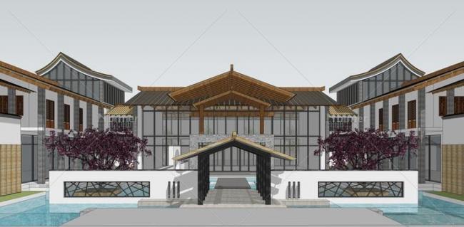 SketchUp Business Model: Multi-Story Commercial Club with Modern Chinese Style and Scenic Water Features