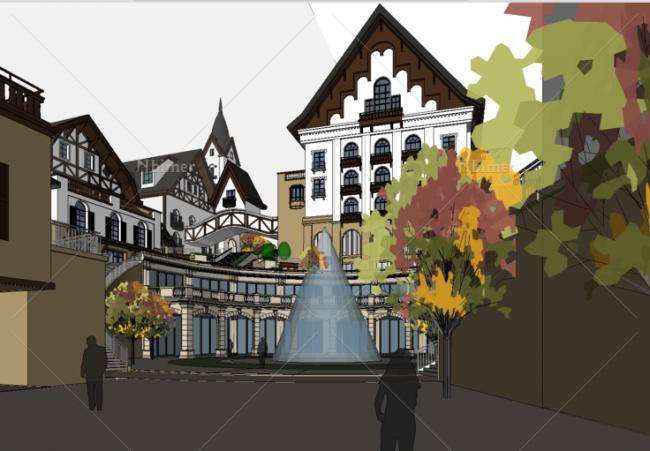 SketchUp Business Model: Multi-Story Swiss Commercial Street with European Classical Design
