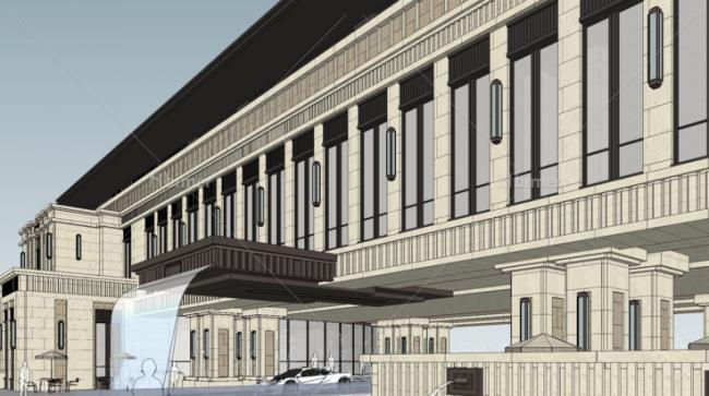 SketchUp Business Model: Multi-Story Classical Style Clubhouse and Commercial Building